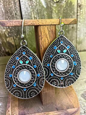 Art Deco Teardrop Drop Earrings Antique Silver